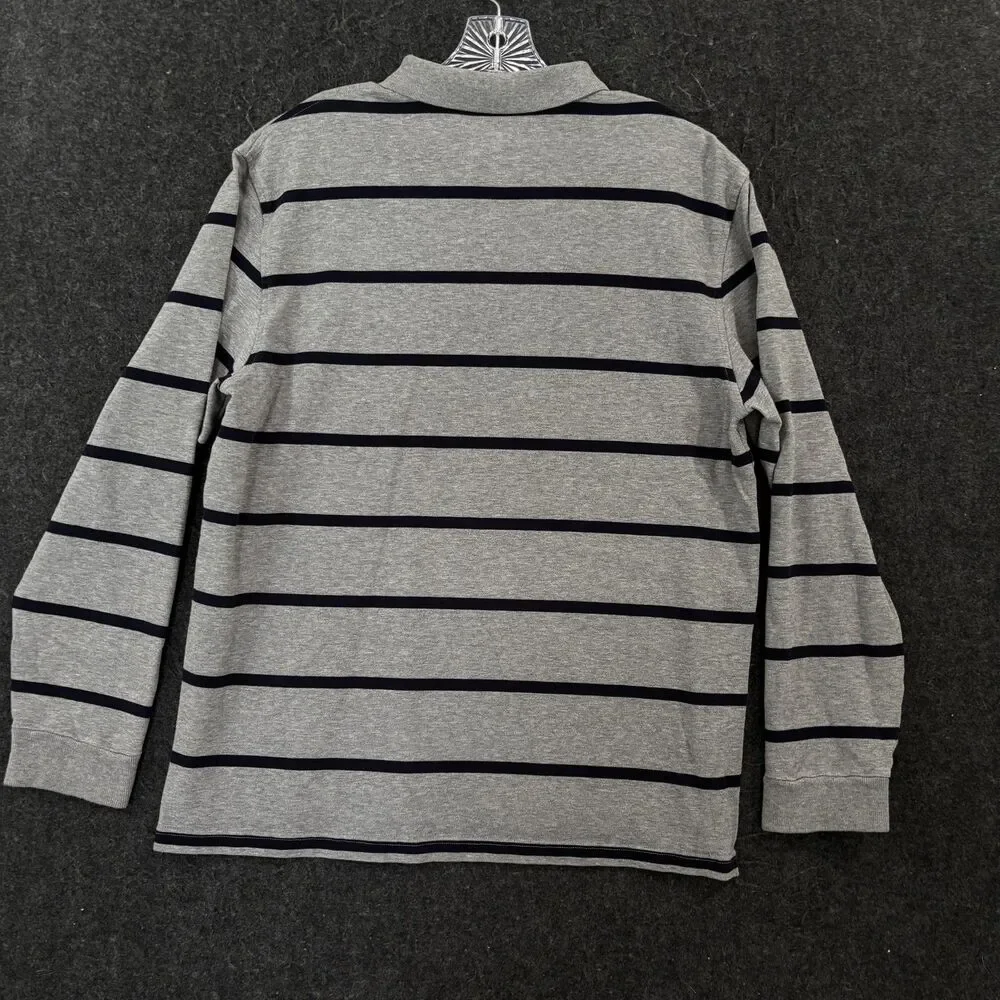 J.Crew Polo Shirt Men's Large Gray Striped 100% Cotton Long Sleeve Casual Preppy
